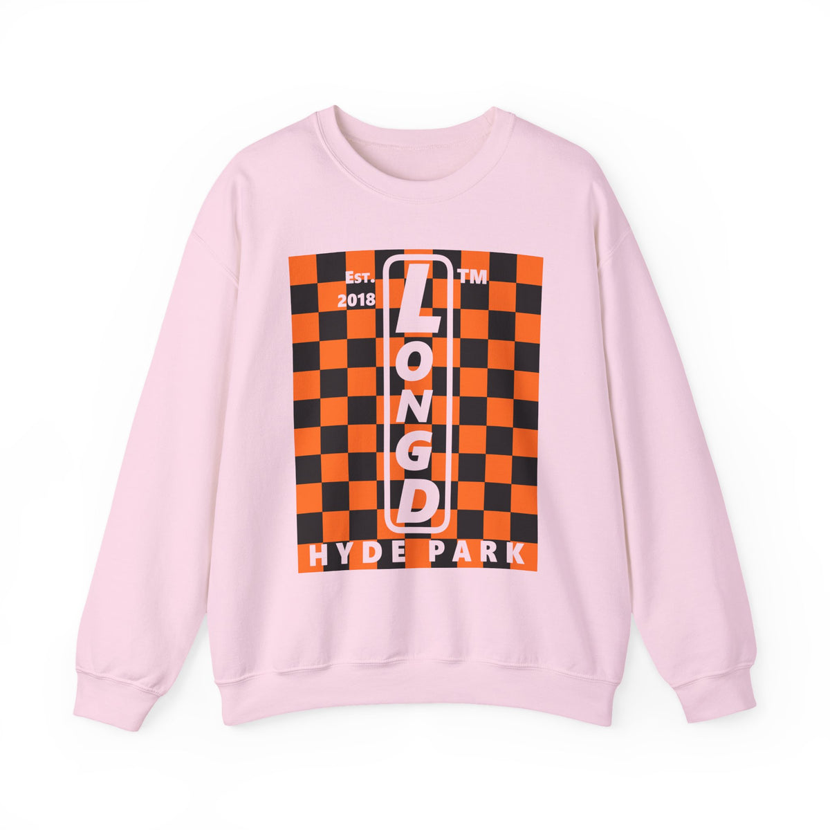 LongD Hyde Park negative upright checkered logo (Halloween colors) crewneck sweatshirt