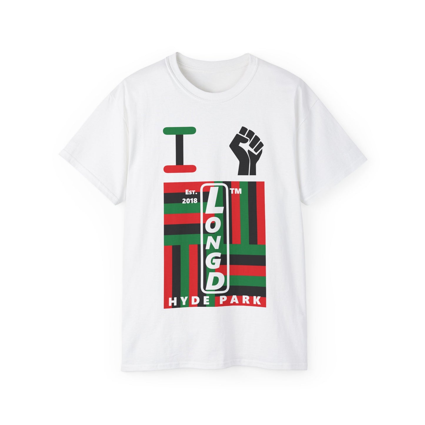 I fist LongD Cotton Tee negative windmill Hyde Park upright logo (Juneteenth colors)