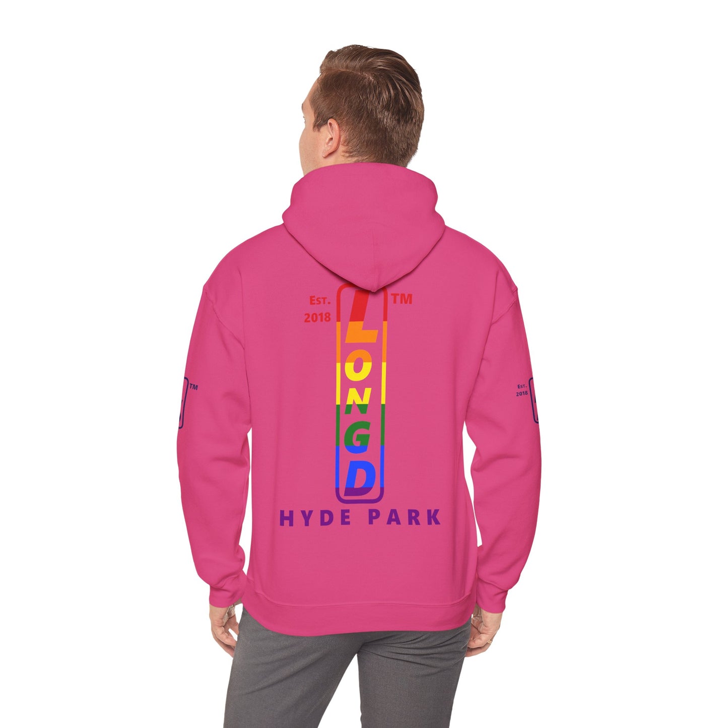 LongD® positive horizontal 6-striped Hyde Park 4-print upright logo hoodie (Pride colors)