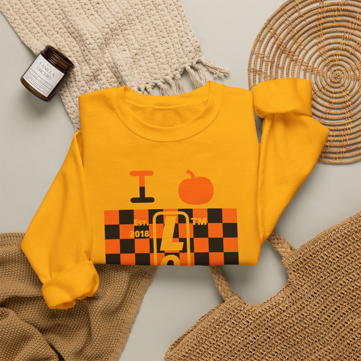I pumpkin LongD Hyde Park negative upright checkered logo crewneck sweatshirt