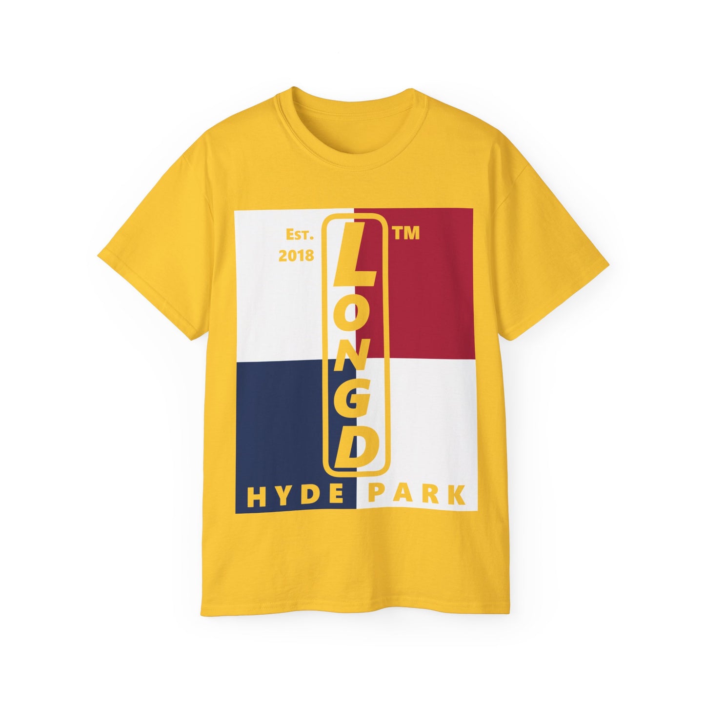 LongD cotton tee negative quarters Hyde Park upright logo (Patriotic colors)