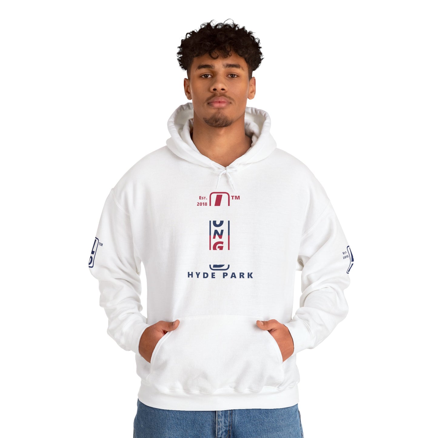LongD® positive horizontal 6-striped Hyde Park 4-print upright logo hoodie (patriotic colors)