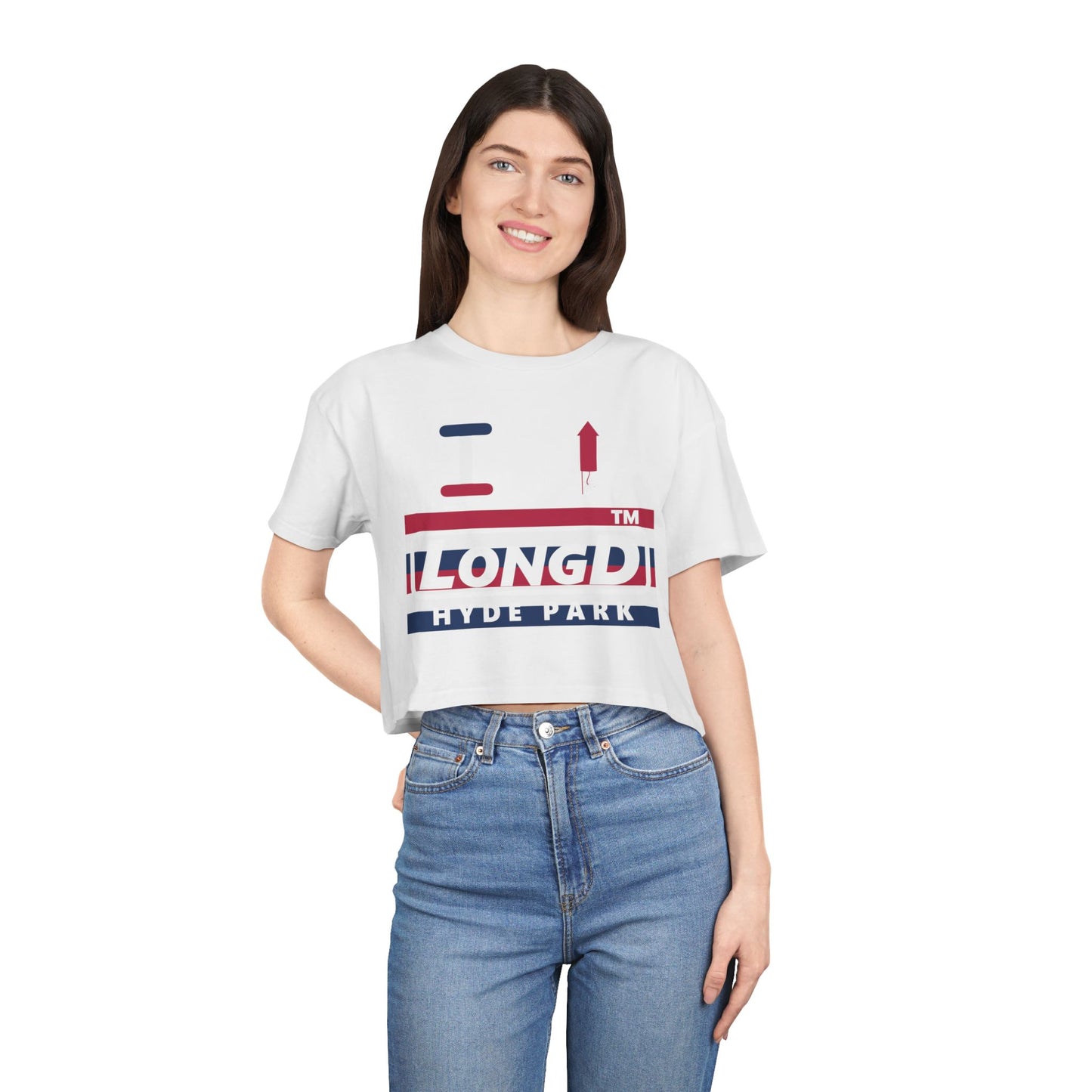 I firecracker LongD negative horizontal 6-striped Hyde Park Logo Crop Tee (Patriotic colors)