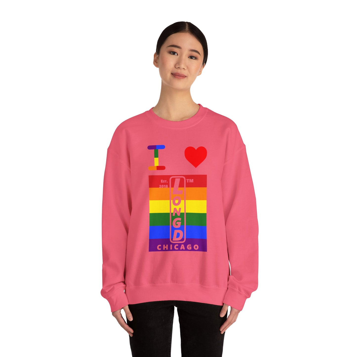 I Luv LongD negative horizontal 6-striped Chicago upright logo crewneck sweatshirt