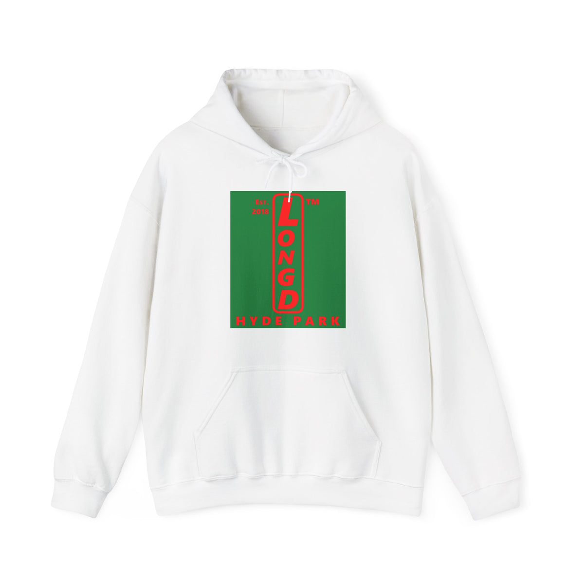 LongD Hyde Park upright logo positive red on negative green (Xmas colors) hoodie