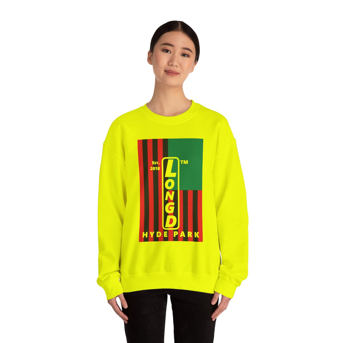 LongD negative cropped flag Hyde Park upright logo crewneck sweatshirt (Juneteenth colors)