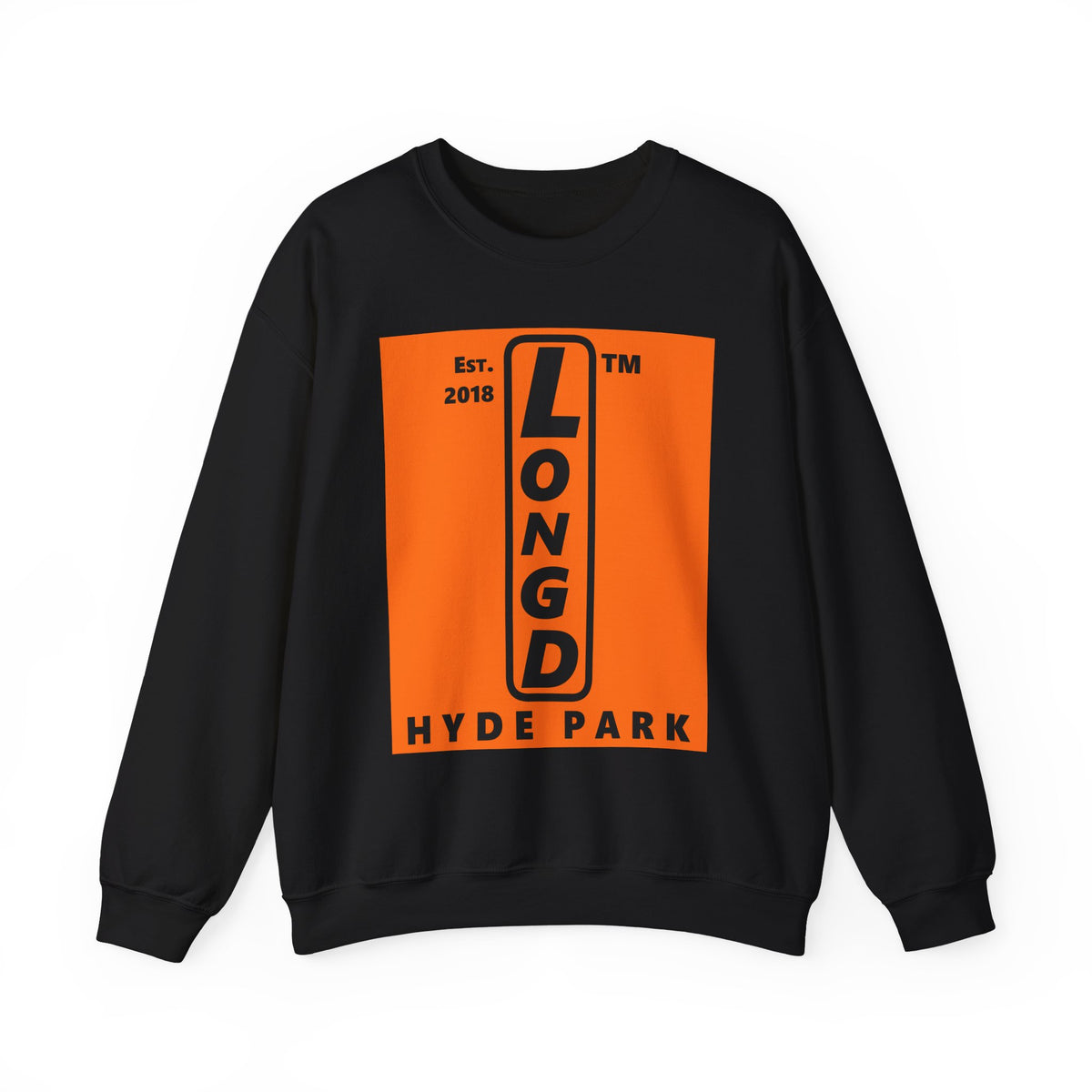 LongD Hyde Park upright logo Black (000000) on orange (FE7518) (Halloween colors) crewneck sweatshirt