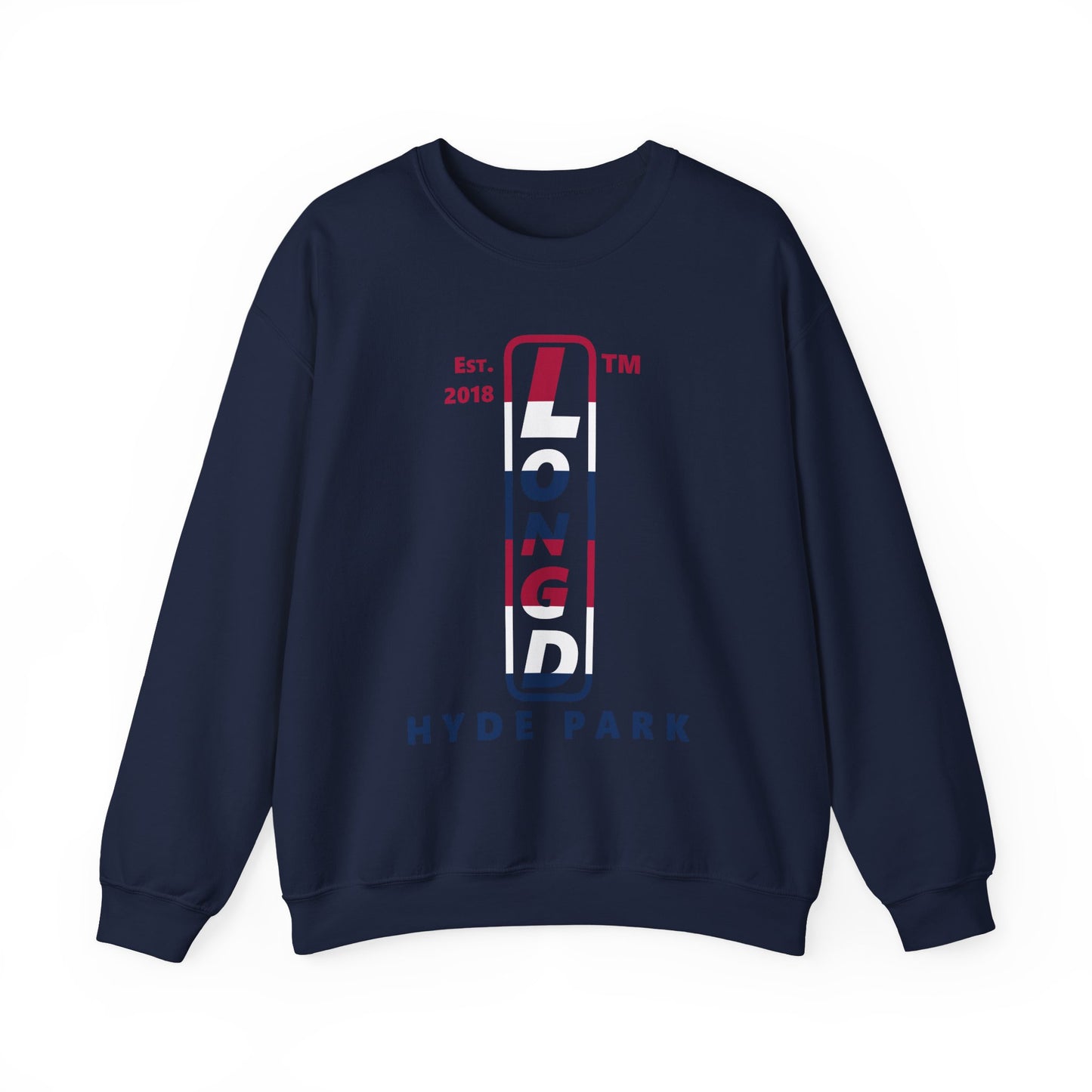 LongD positive horizontal 6-striped Hyde Park upright logo crewneck sweatshirt (patriotic colors)