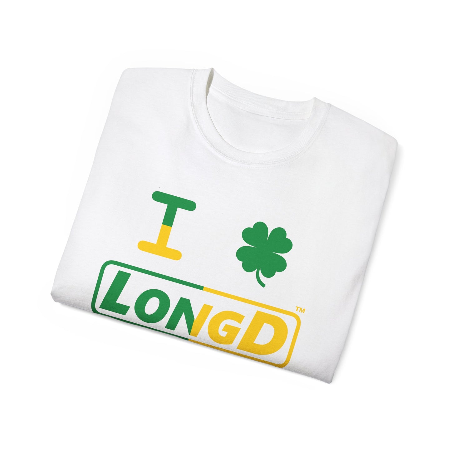 I Clover LongD® Logo Cotton Tee (St. Patrick's Day -Irish Green and Golden Yellow right-left split with 4-leaf clover)