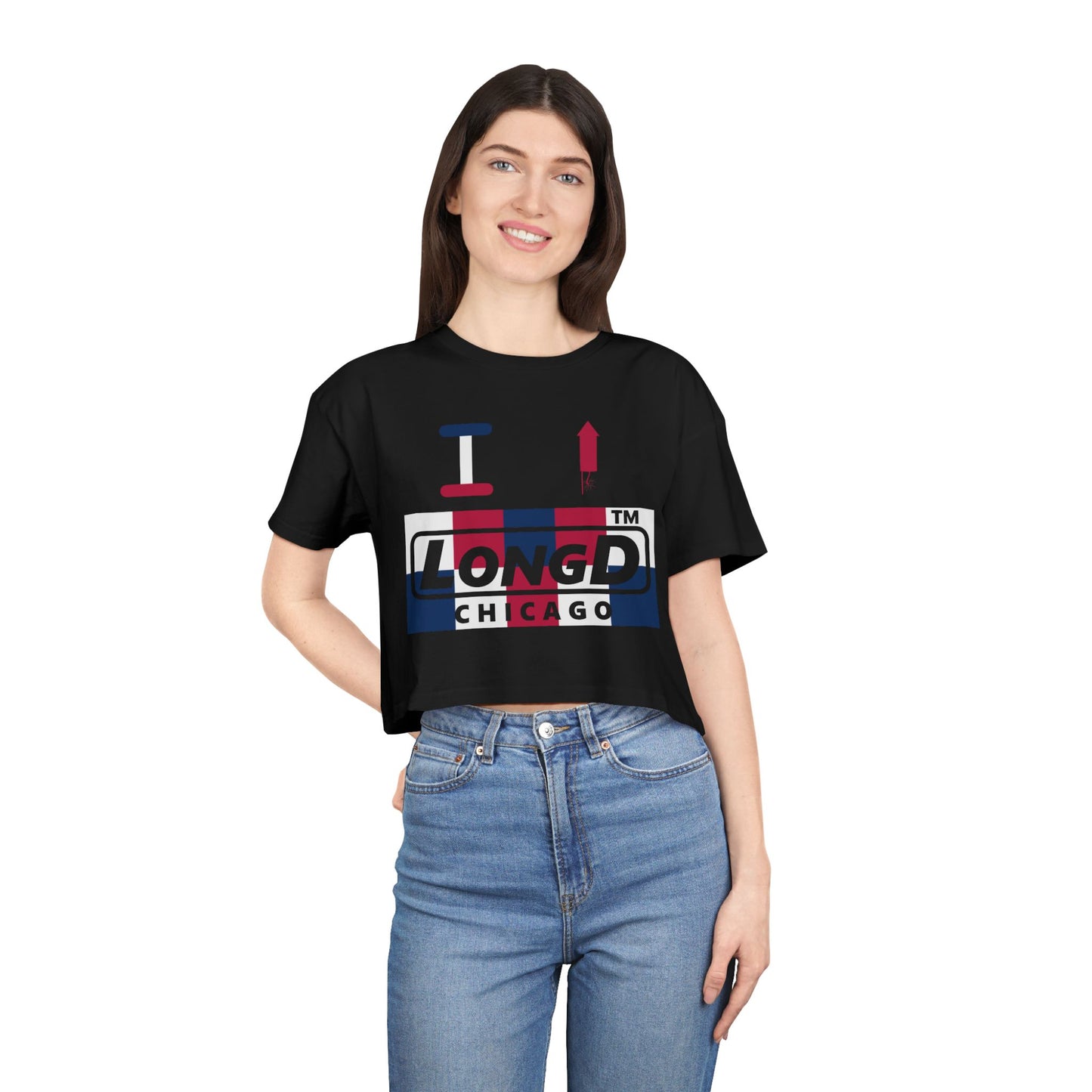 I firecracker LongD negative 2x5 Chicago Logo Crop Tee (Patriotic colors)