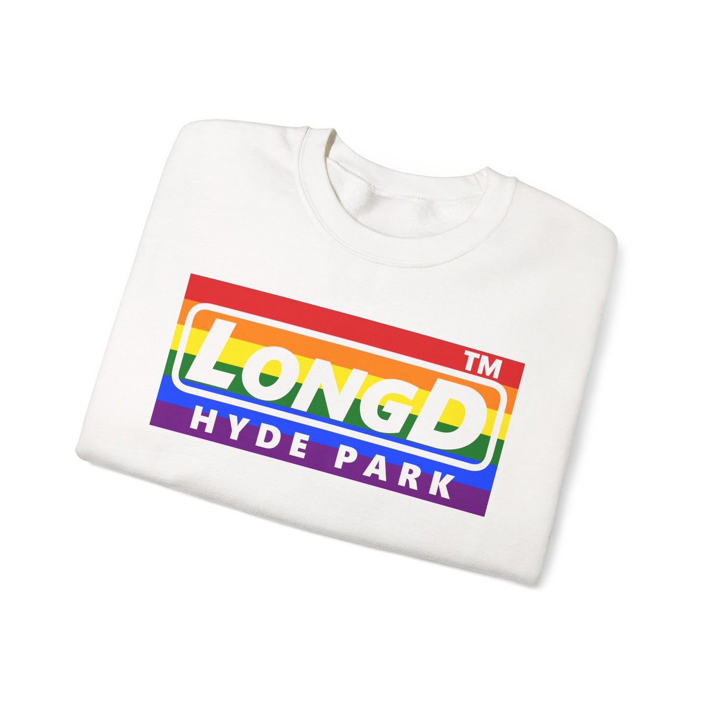 LongD negative horizontal striped Hyde Park logo crewneck sweatshirt (Pride colors)
