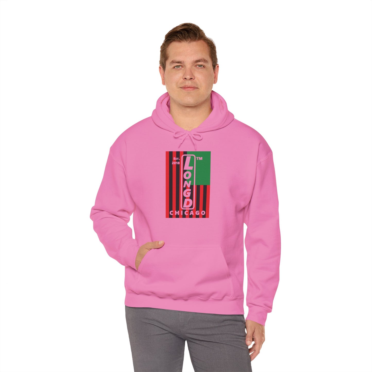 LongD® negative cropped flag upright Chicago logo hoodie (Juneteenth colors)