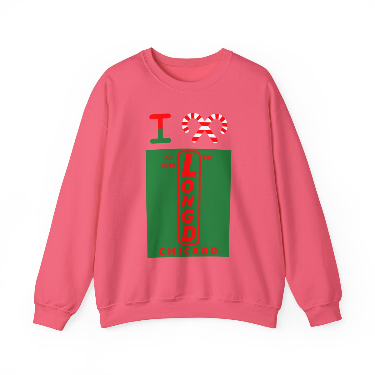 I candy cane LongD Chicago upright logo positive red on negative green crewneck sweatshirt
