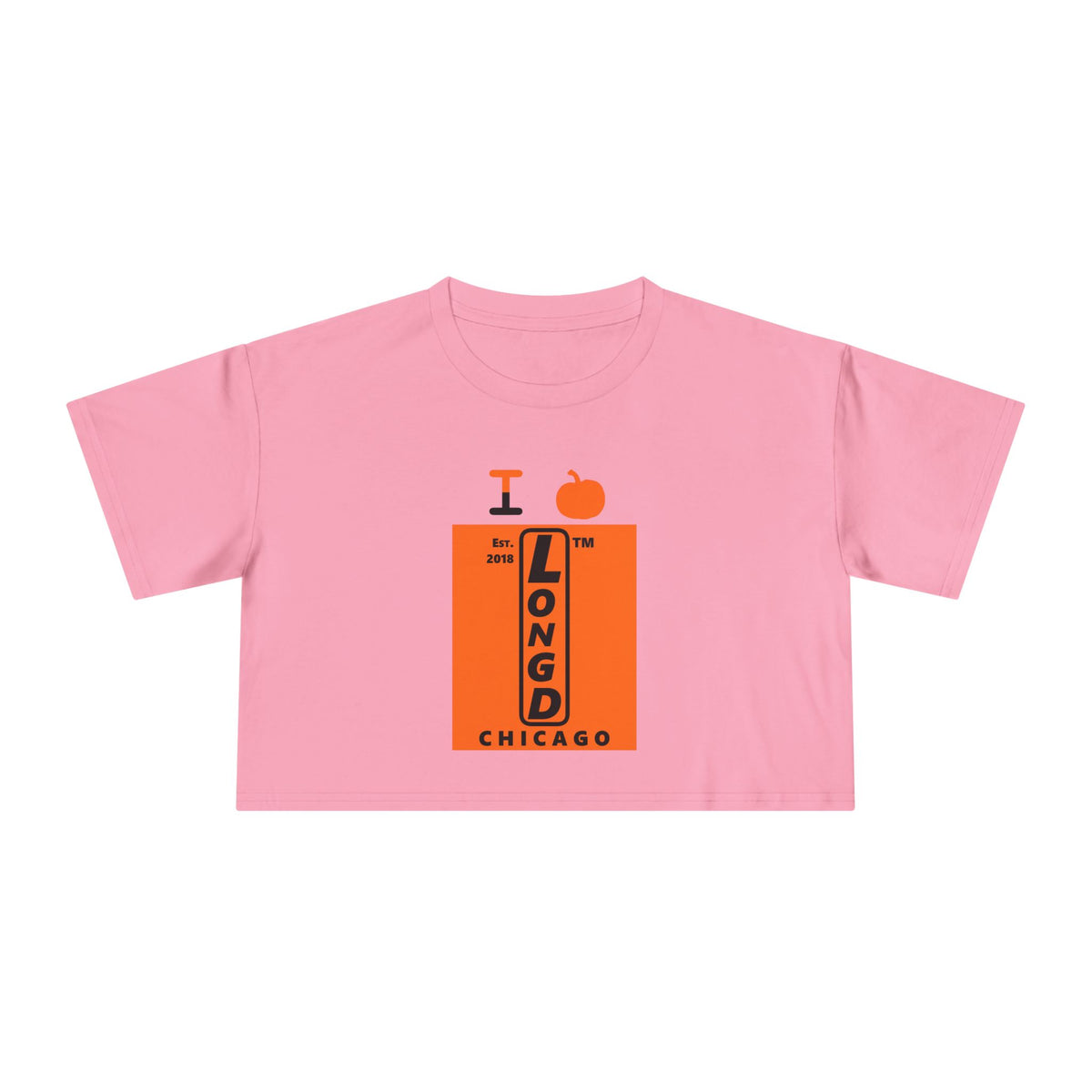I pumpkin LongD Chicago upright logo positive black on negative orange crop tee