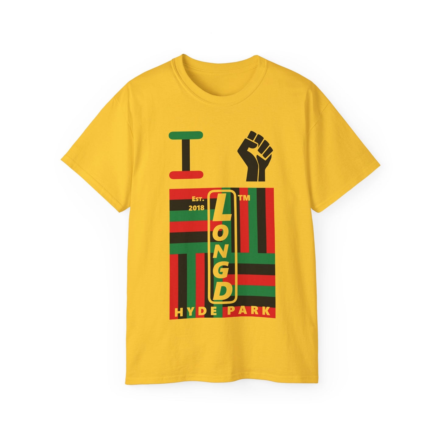 I fist LongD Cotton Tee negative windmill Hyde Park upright logo (Juneteenth colors)