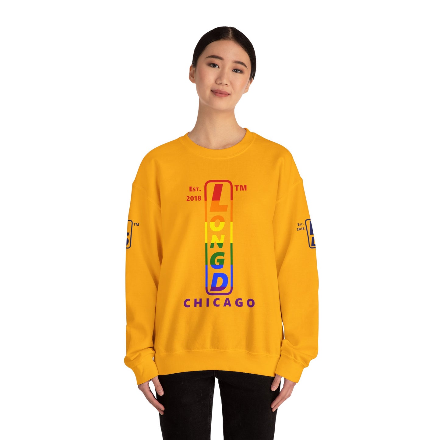 LongD positive horizontal 6-striped Chicago 4-print upright logo crewneck sweatshirt (Pride colors)