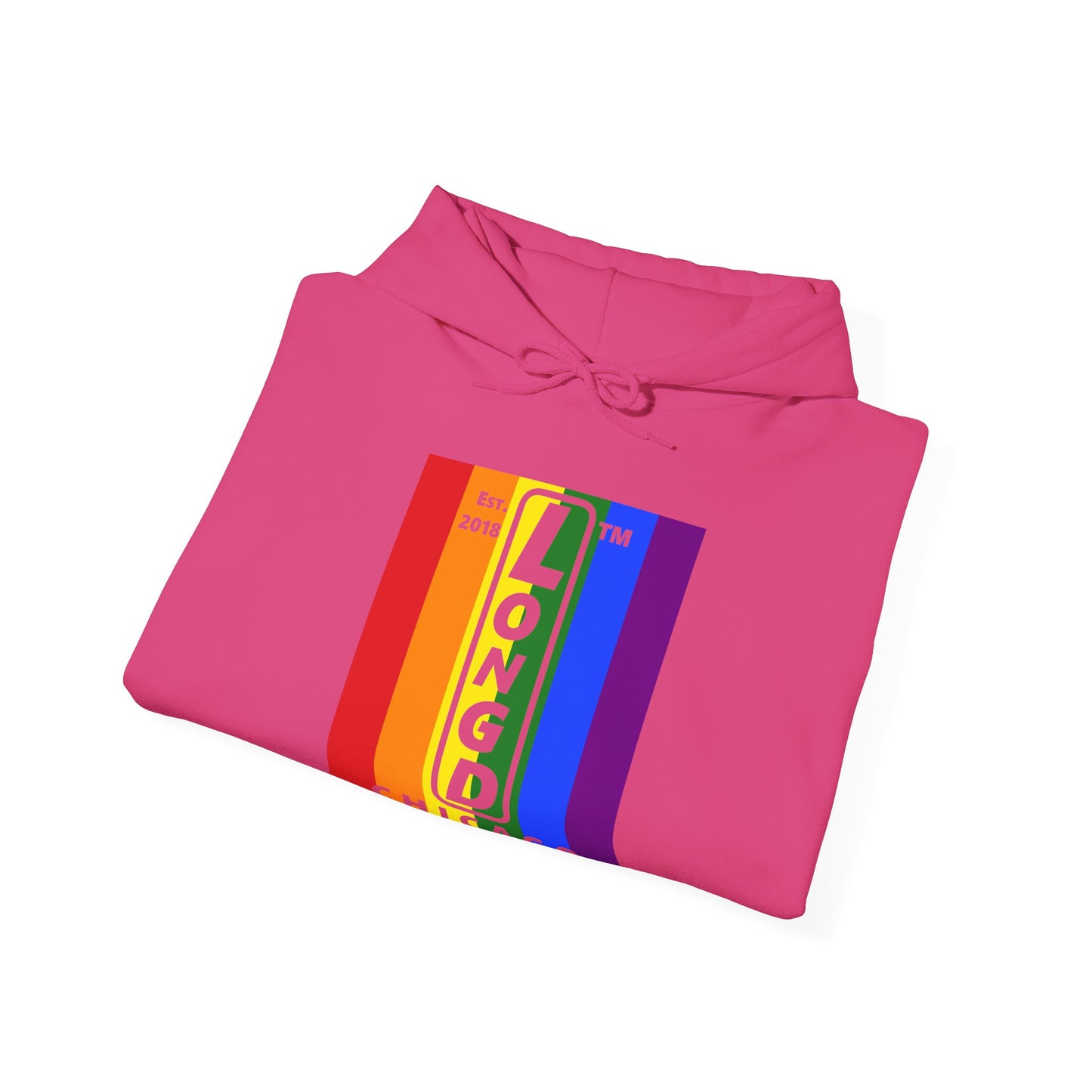 LongD® negative vertical 6-striped upright Chicago logo hoodie (Pride colors)
