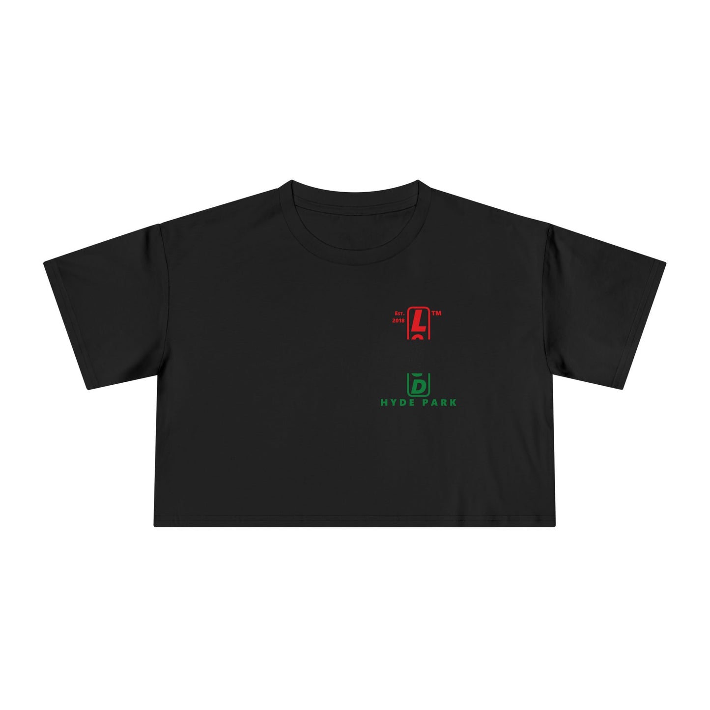 Positive horizontal 3-striped upright single-breasted Hyde Park logo crop tee (Juneteenth colors)
