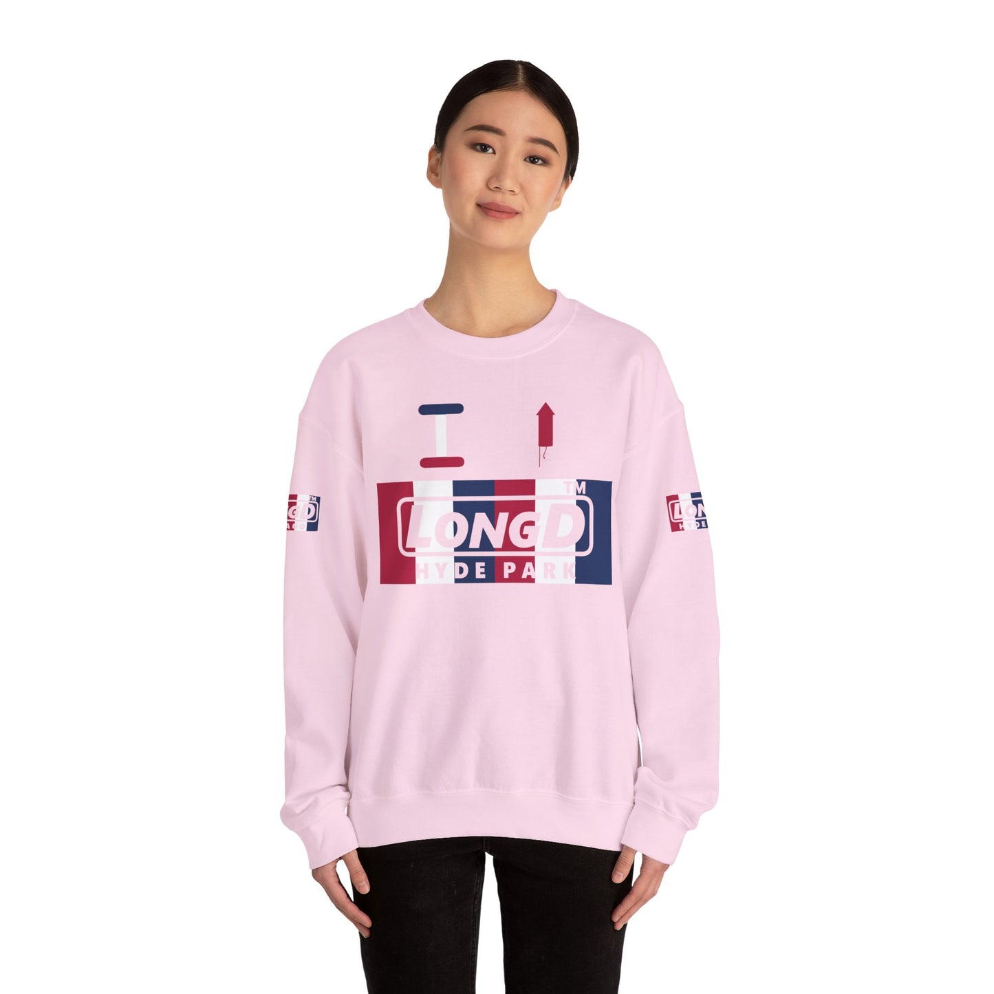 I firecracker LongD positive vertical 6-striped 4-print Hyde Park logo crewneck sweatshirt