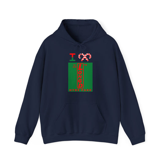 I candy cane LongD Hyde Park upright front-back logo positive red on negative green hoodie