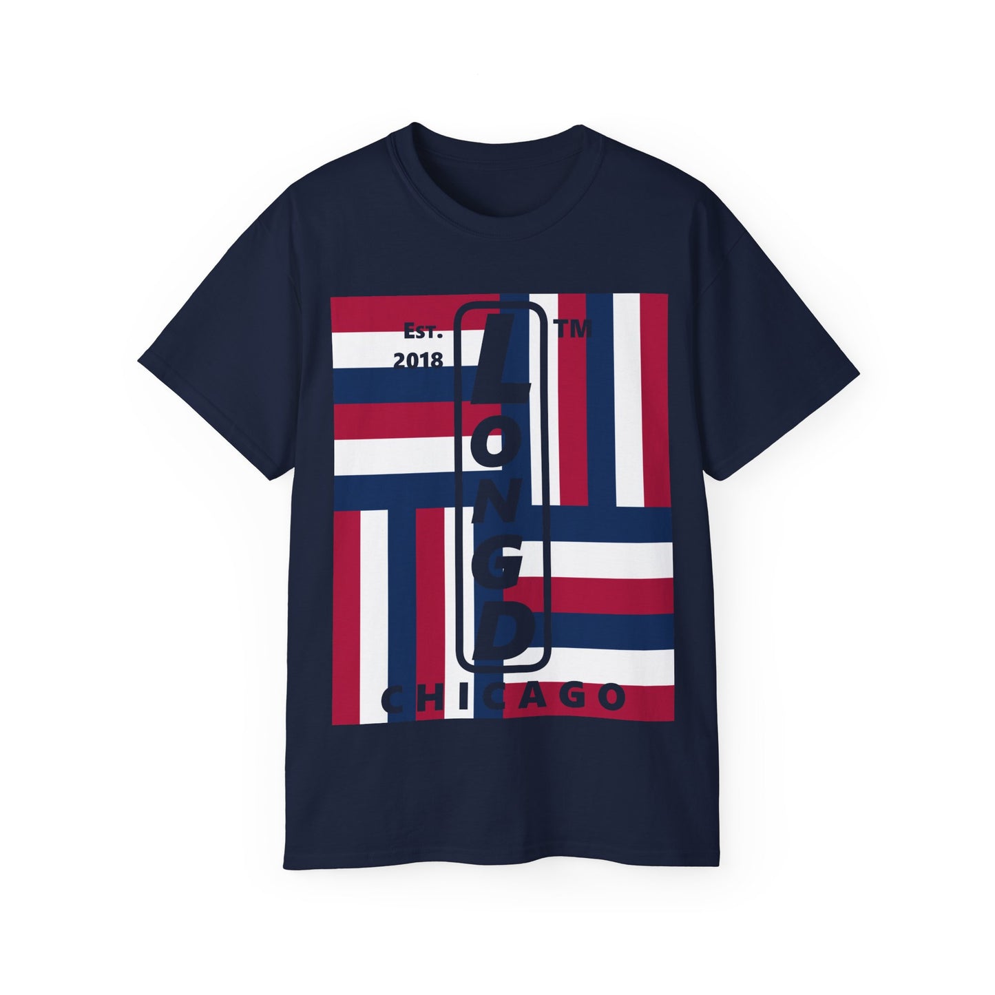 LongD cotton tee negative windmill Chicago upright logo (Patriotic colors)