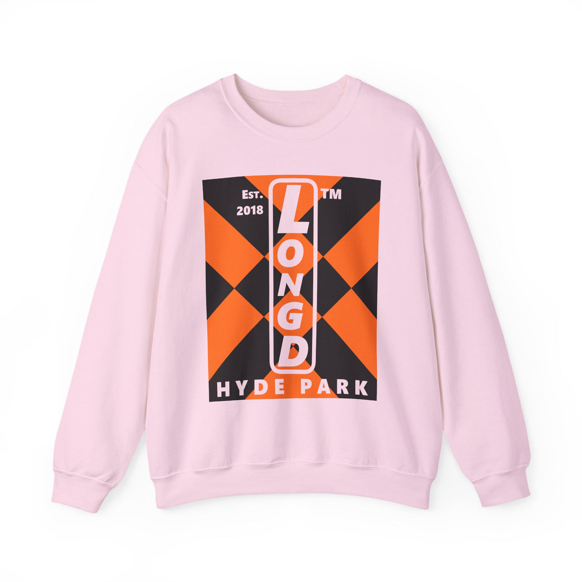 LongD Hyde Park negative upright mixed argyle logo (Halloween colors) crewneck sweatshirt