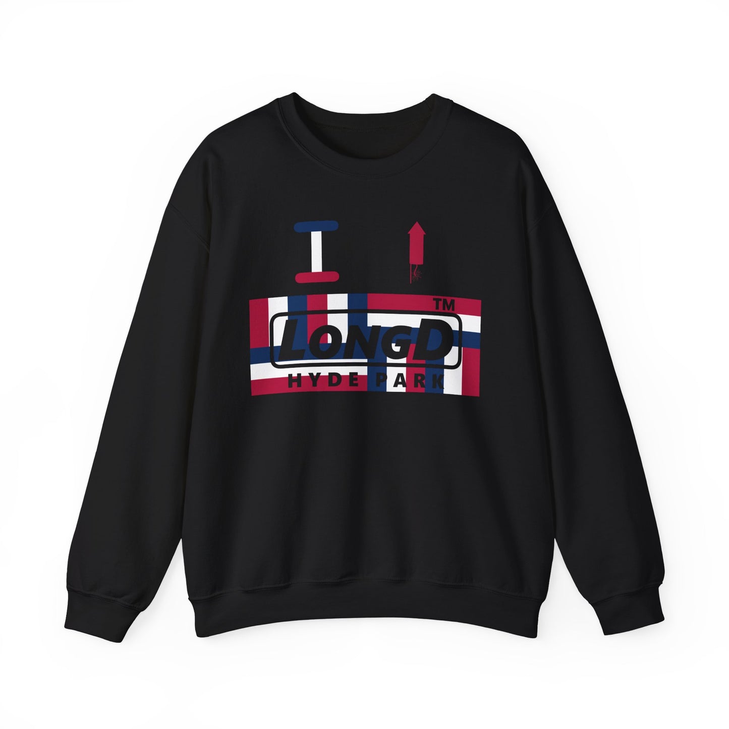I firecracker LongD negative modified windmill Hyde Park logo crewneck sweatshirt