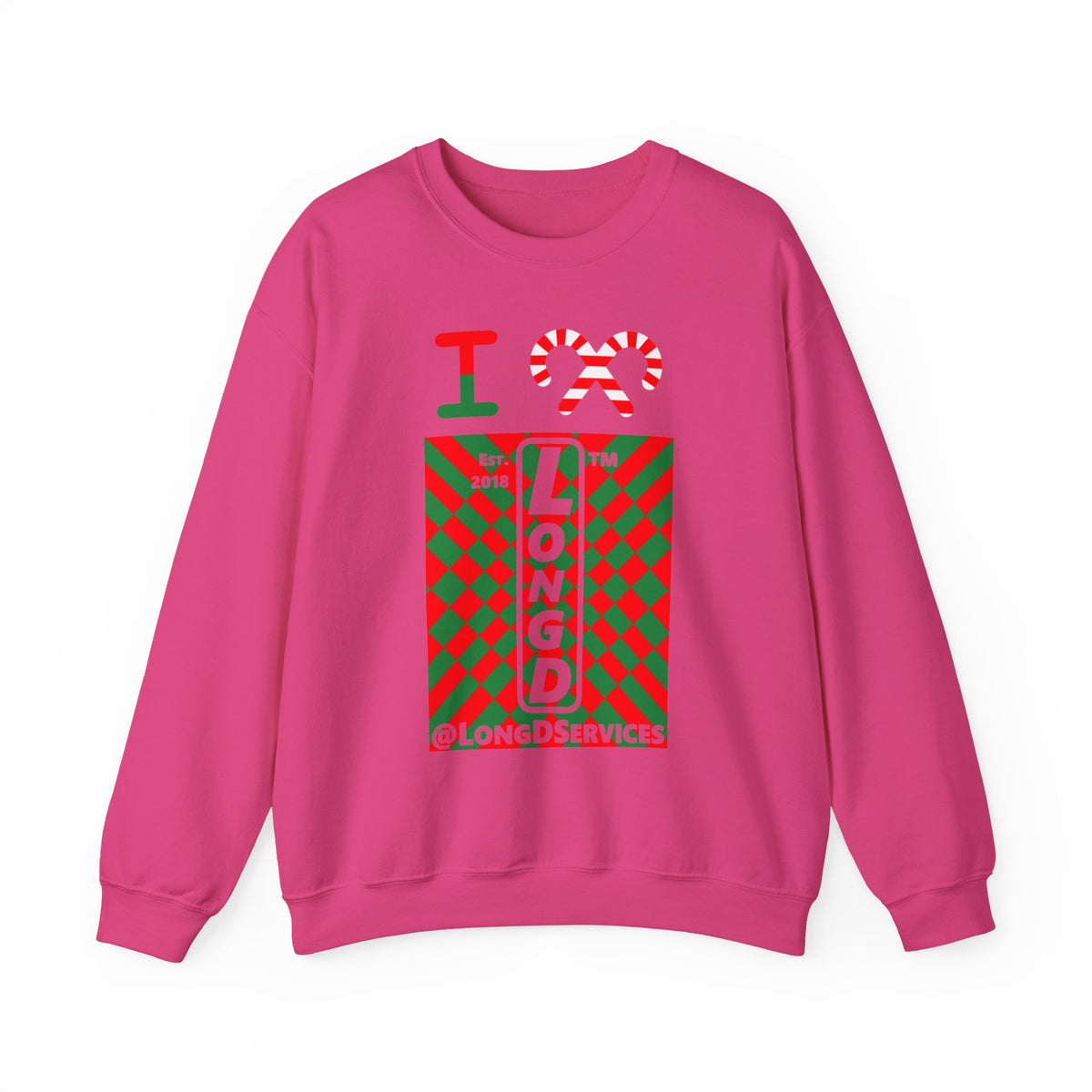 I candy cane LongD Tag negative upright stylized argyle logo crewneck sweatshirt