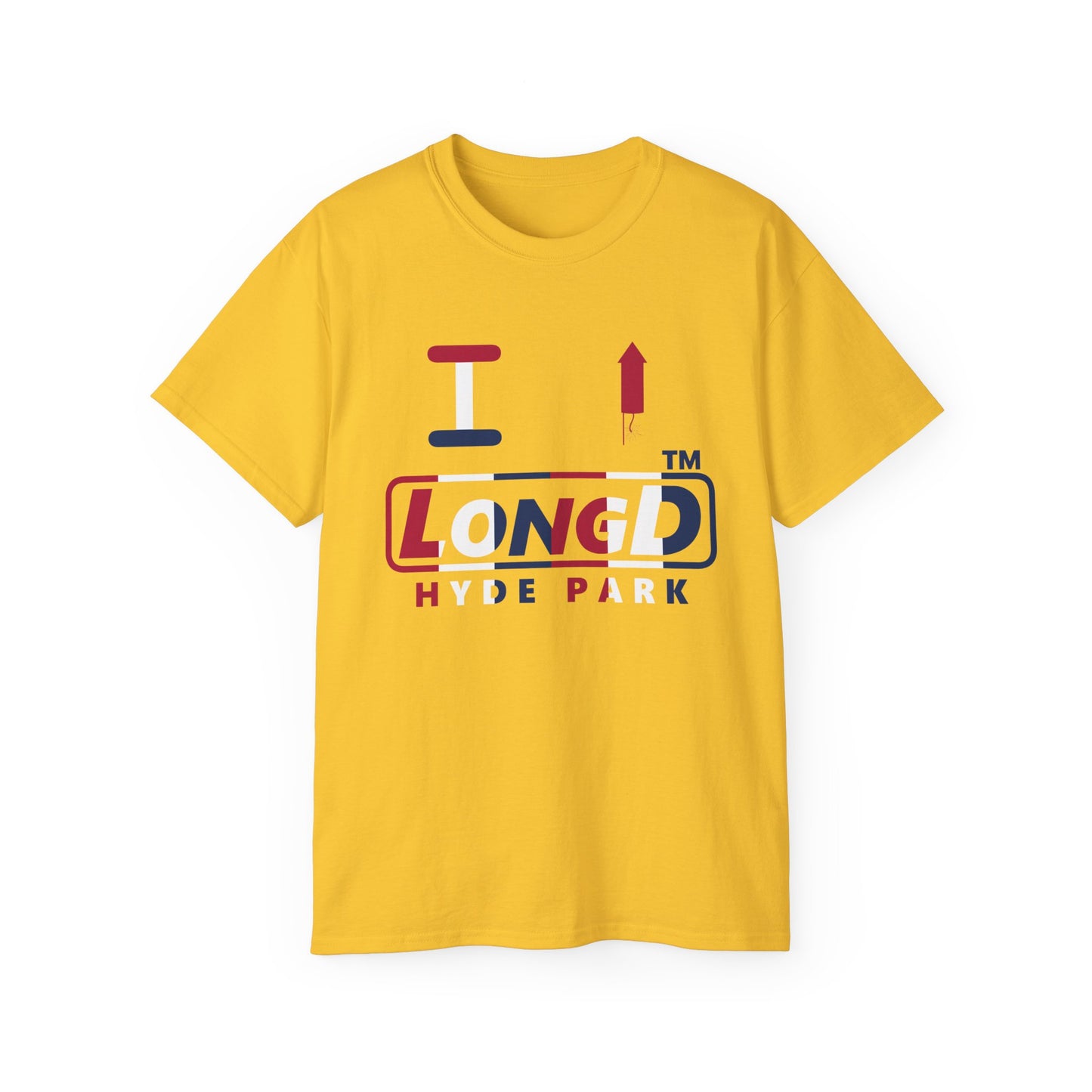 I firecracker LongD positive vertical 6-striped Hyde Park logo cotton tee