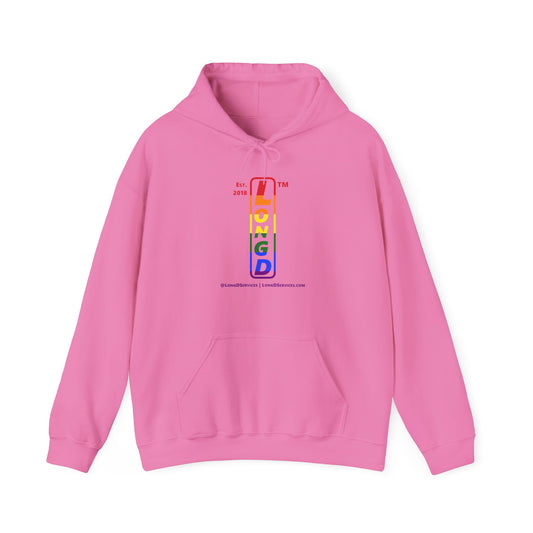 LongD® positive horizontal 6-striped tag-domain upright logo hoodie (Pride colors)