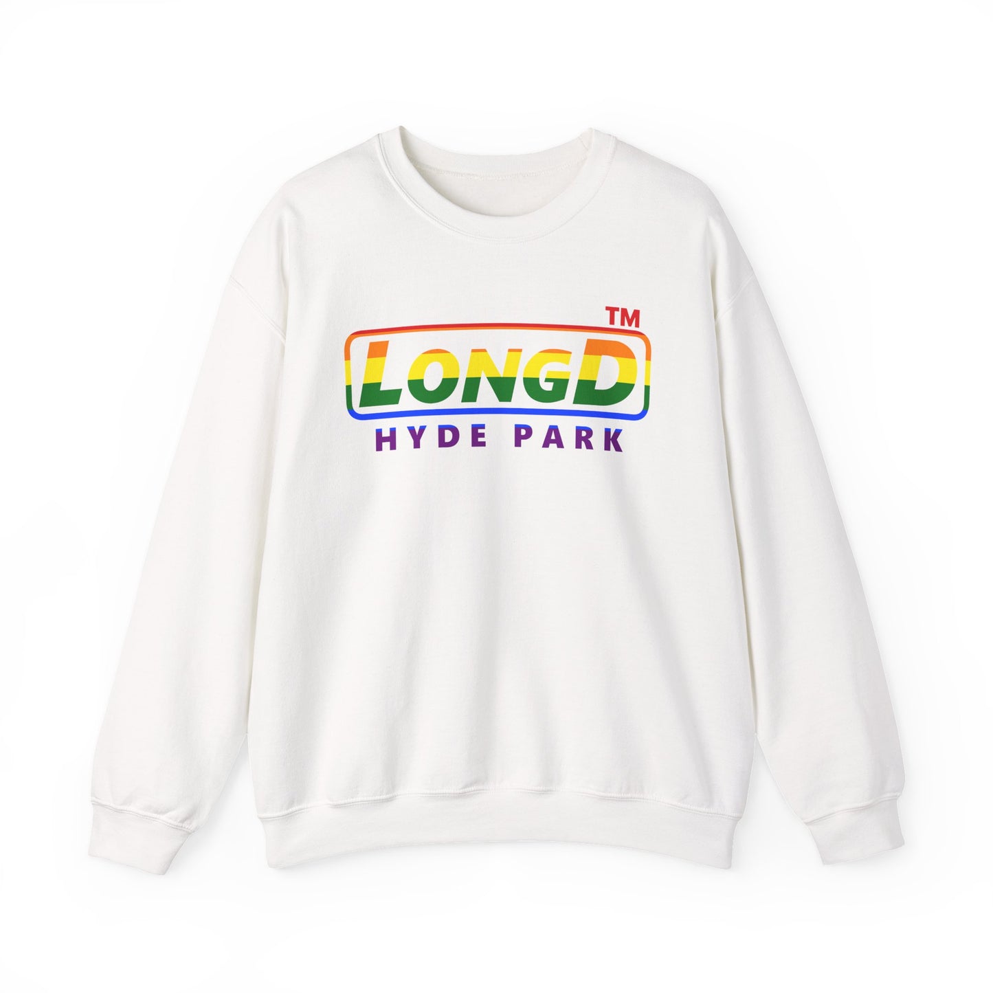 LongD positive horizontal striped front-back Hyde Park logo crewneck sweatshirt (Pride colors)