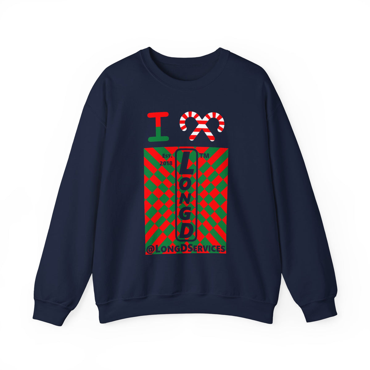 I candy cane LongD Tag negative upright stylized argyle logo crewneck sweatshirt