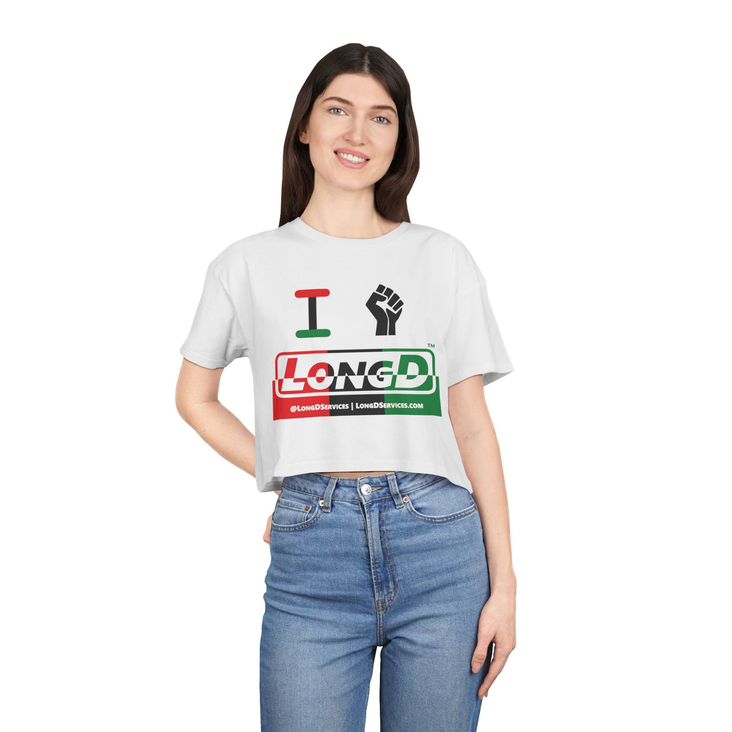 I Fist LongD Logo Women's Crop Tee (Black fist and Juneteenth positive top negative bottom thirds logo)