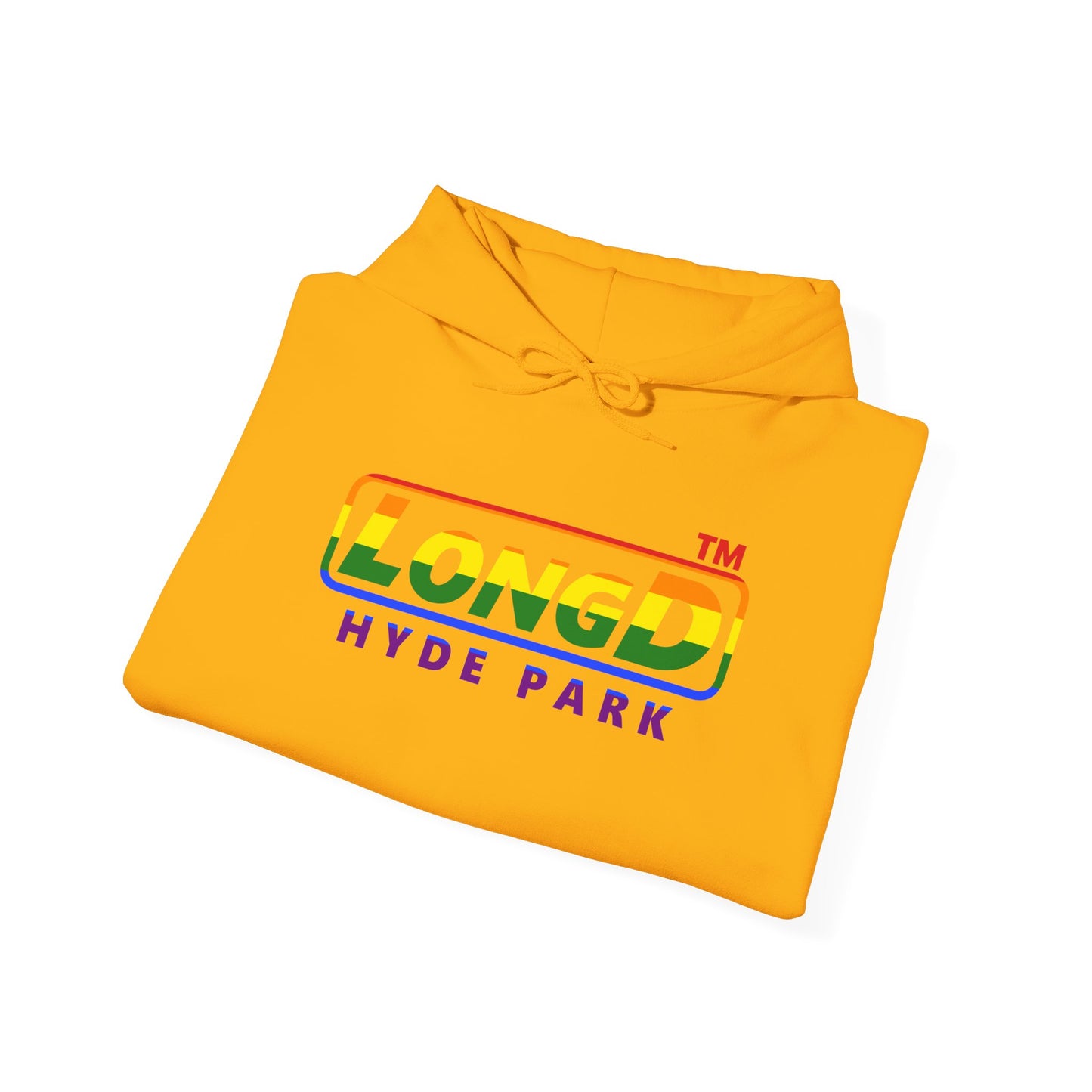 LongD® positive horizontal striped Hyde Park logo hoodie (Pride colors)
