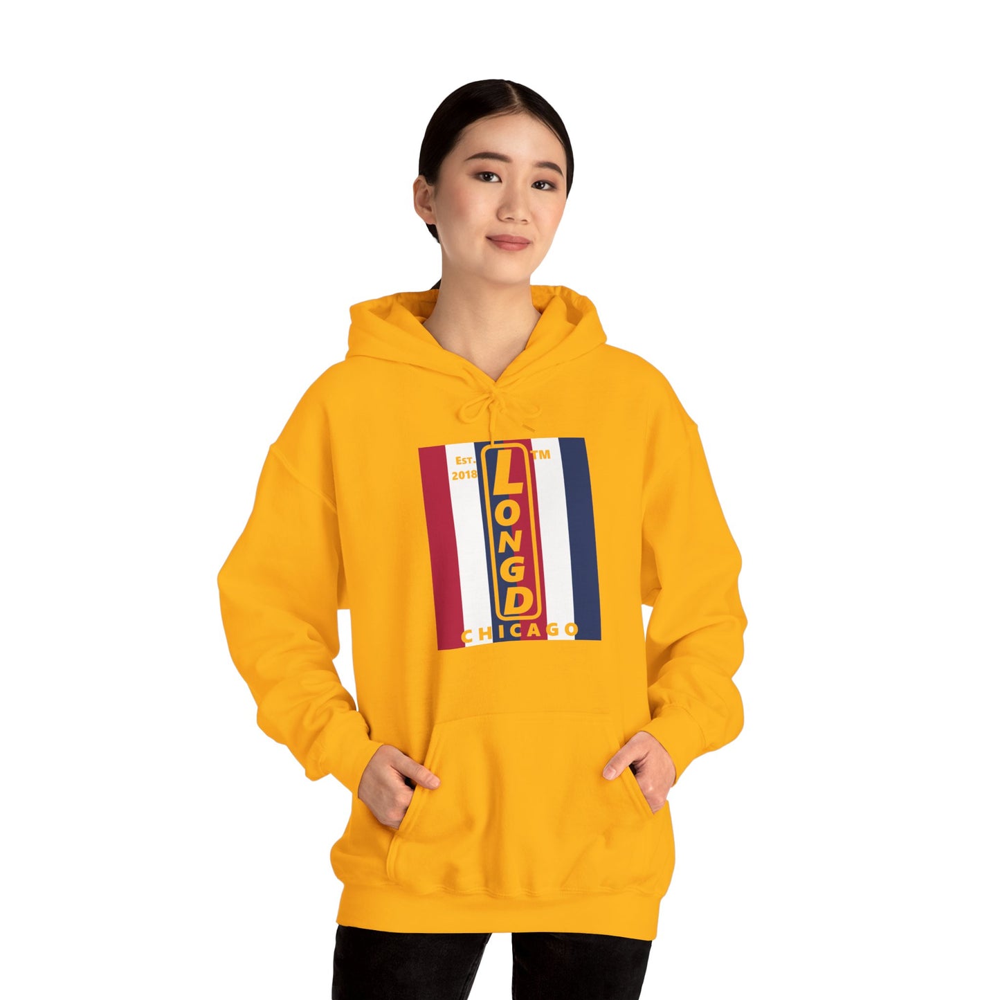 LongD® negative vertical 6-striped upright Chicago logo hoodie