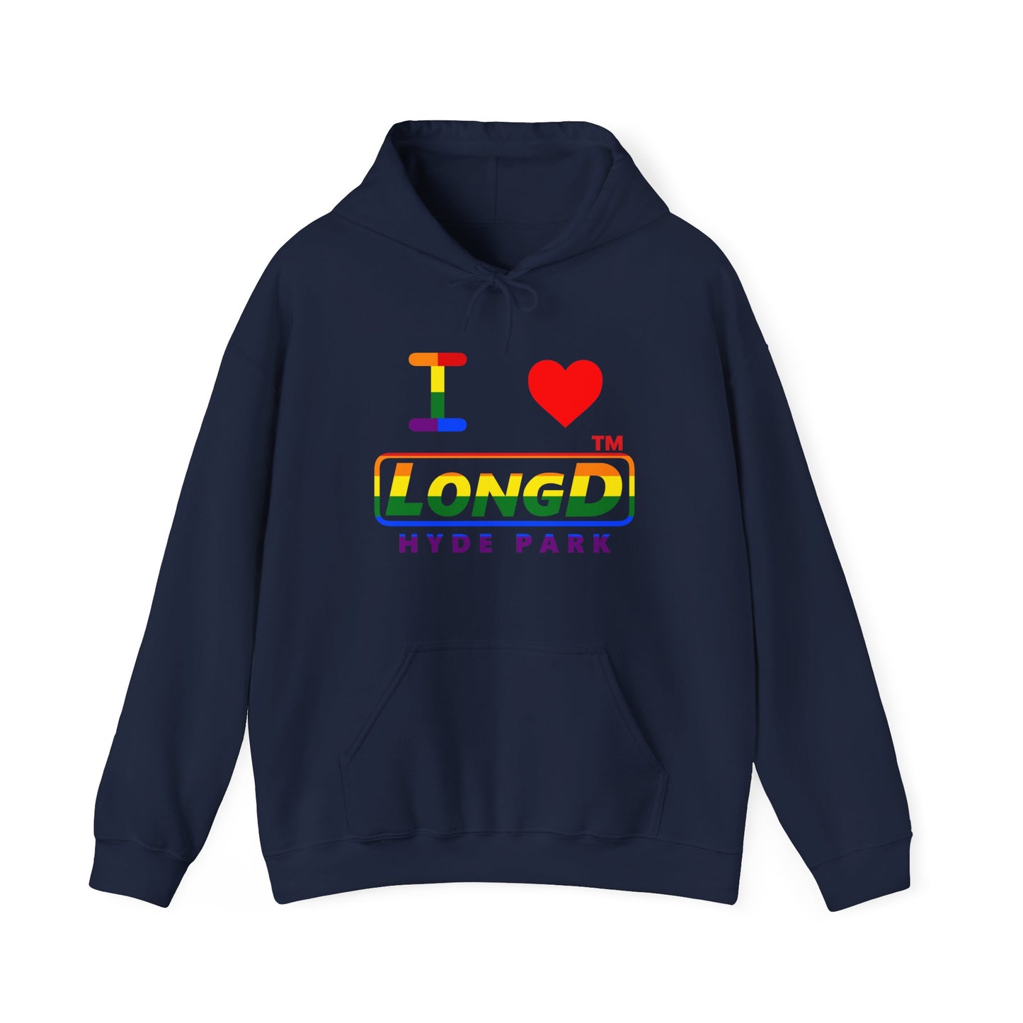 I Luv LongD® positive horizontal striped Hyde Park logo hoodie (Pride colors)