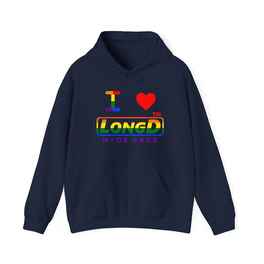 I Luv LongD® positive horizontal striped Hyde Park logo hoodie (Pride colors)
