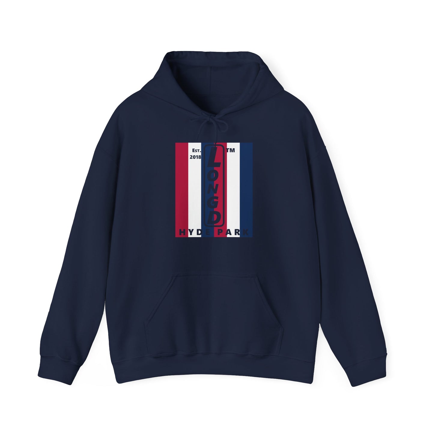 LongD® negative vertical 6-striped upright Hyde Park logo hoodie