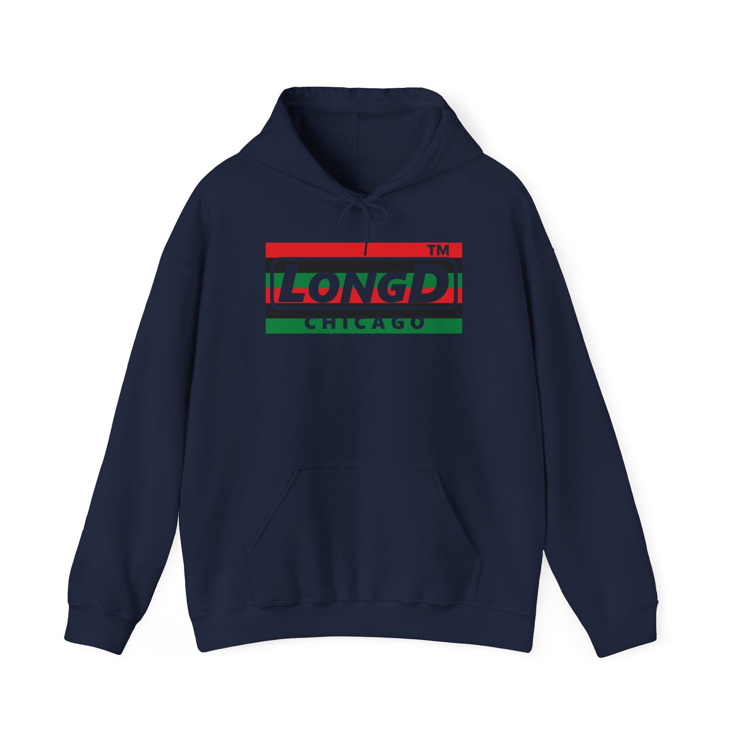 LongD® negative horizontal 6-striped Chicago logo Hoodie (Juneteenth colors)