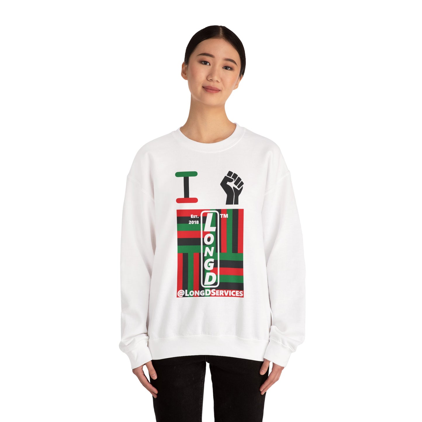 I Fist LongD negative windmill tag upright front-back logo crewneck sweatshirt