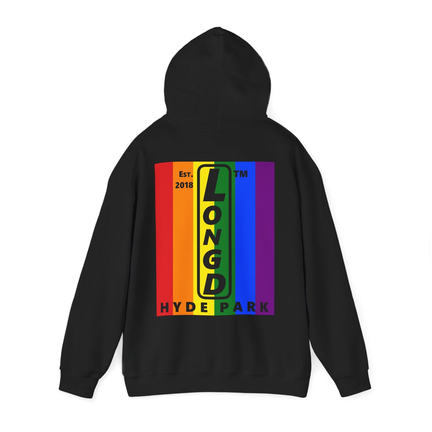 LongD single-breasted negative vertical 6-striped front-back upright Hyde Park logo hoodie (Pride colors)
