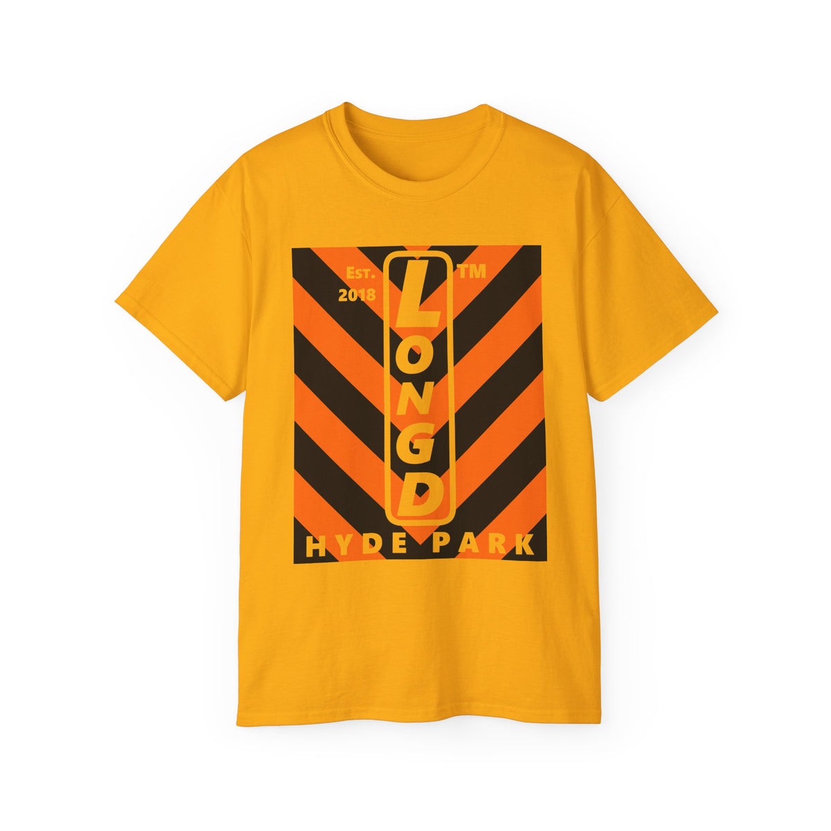 LongD Hyde Park negative upright downward chevron logo (Halloween colors) cotton tee