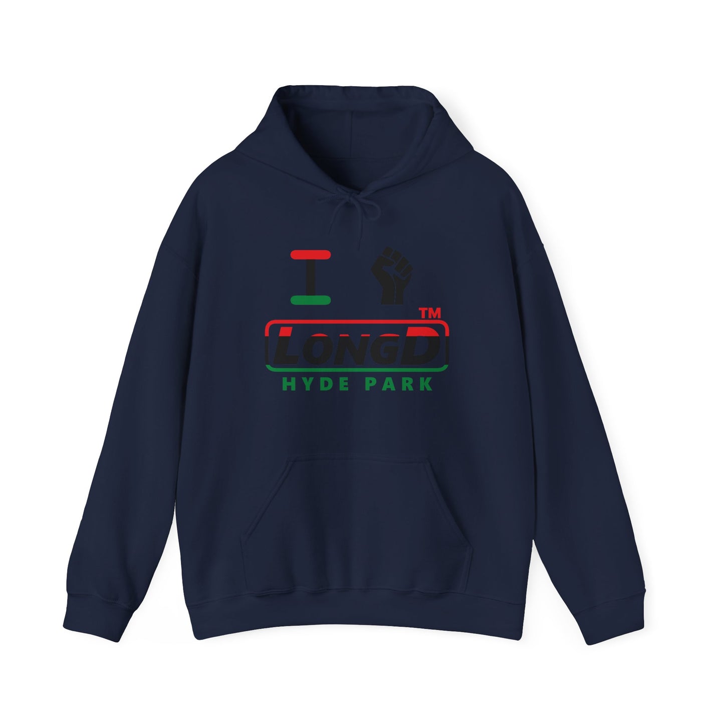 I fist LongD® positive horizontal 3-striped Hyde Park logo Hoodie (Juneteenth colors)