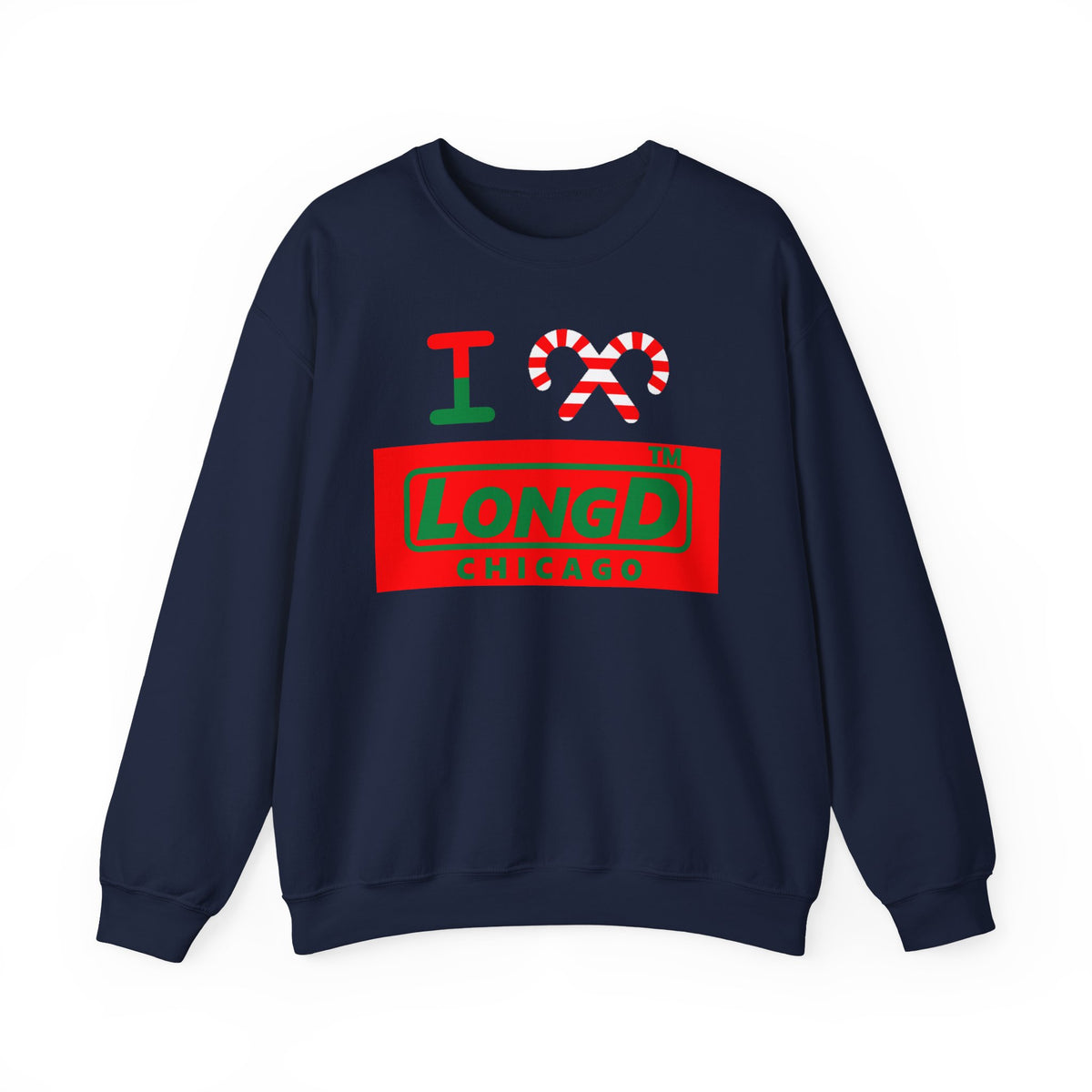 I candy cane LongD Chicago logo positive green on negative red crewneck sweatshirt