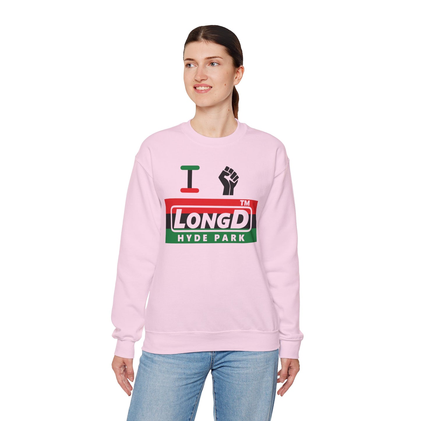I fist LongD negative horizontal 3-striped Hyde Park logo crewneck sweatshirt