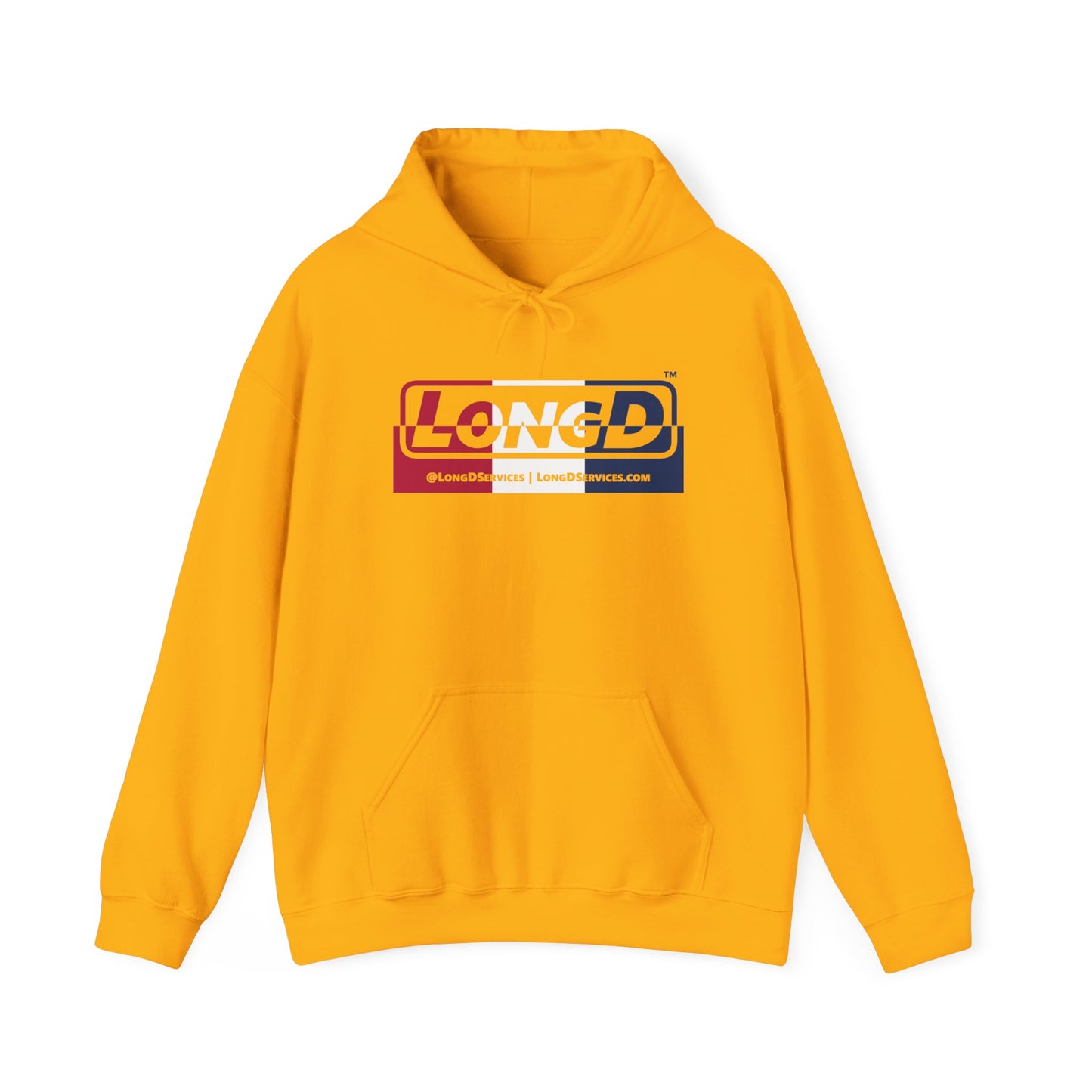 LongD® Logo Hoodie red, white and blue top positive bottom negative thirds