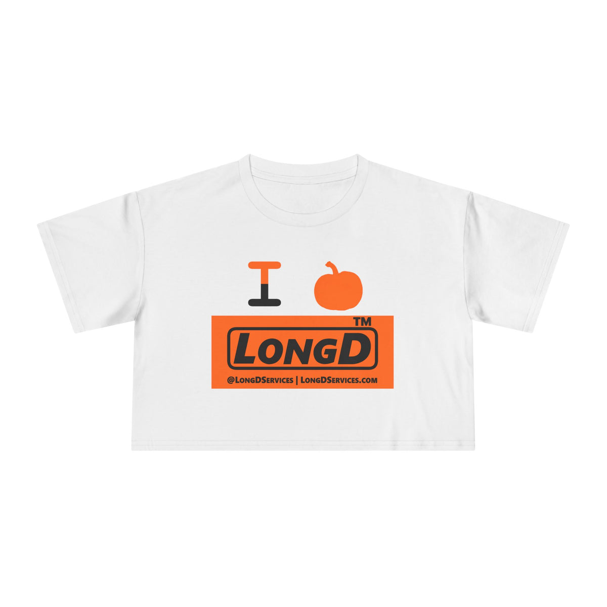 I pumpkin LongD Tag-domain logo positive black on negative orange crop tee
