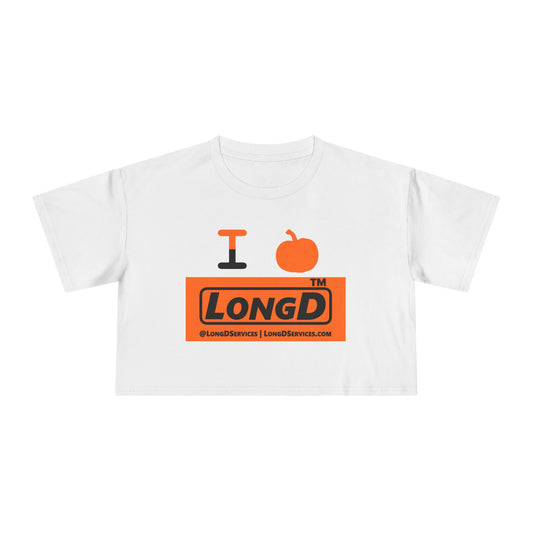 I pumpkin LongD Tag-domain logo positive black on negative orange crop tee