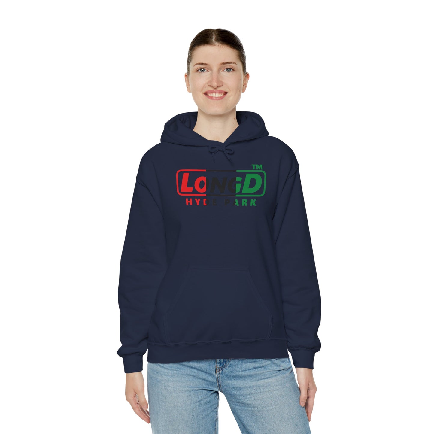 LongD® positive vertical 3-striped Hyde Park logo Hoodie (Juneteenth colors)