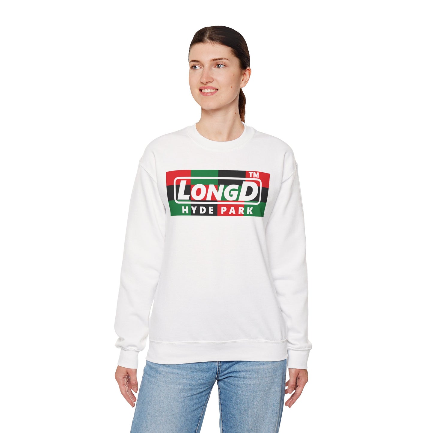 LongD negative 3x4 Hyde Park logo crewneck sweatshirt (Juneteenth colors)